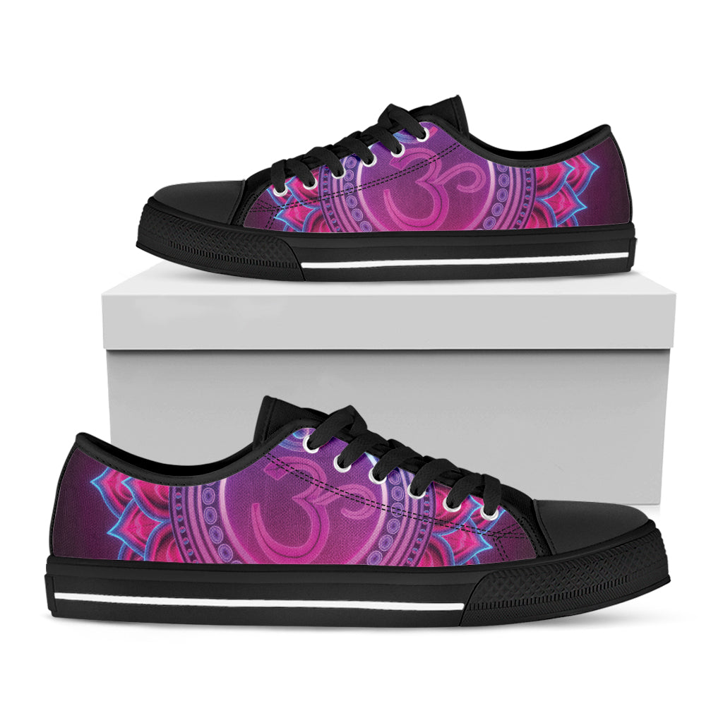 Purple And Teal Om Mandala Print Black Low Top Sneakers