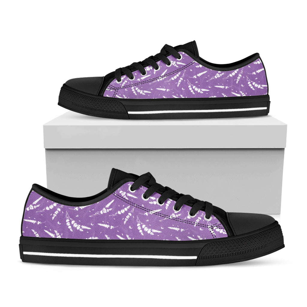 Purple And White Lavender Pattern Print Black Low Top Sneakers