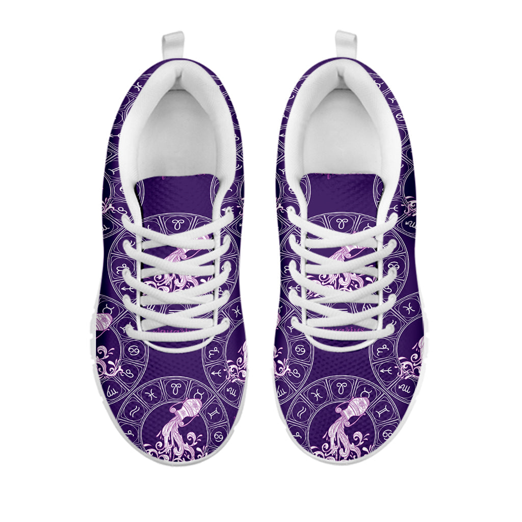 Purple Aquarius Zodiac Pattern Print White Running Shoes