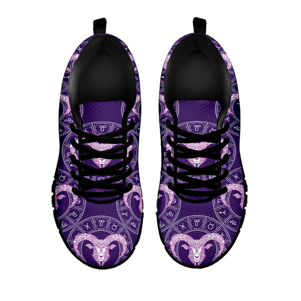 Purple Aries Zodiac Pattern Print Black Running Shoes
