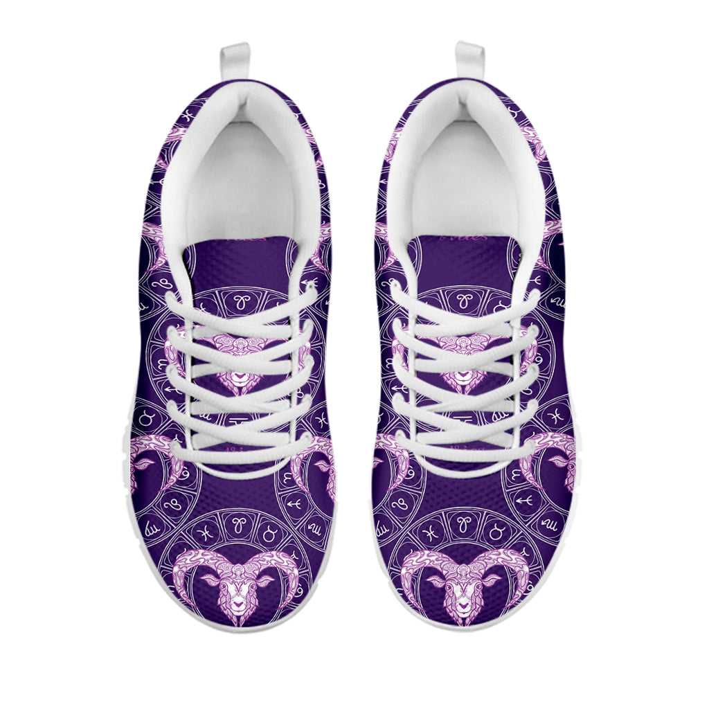 Purple Aries Zodiac Pattern Print White Running Shoes