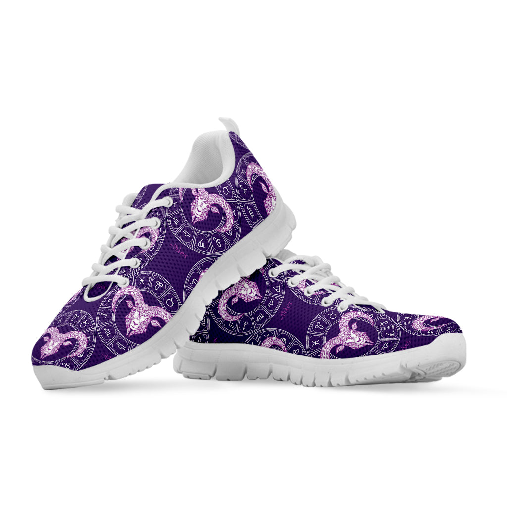 Purple Aries Zodiac Pattern Print White Running Shoes