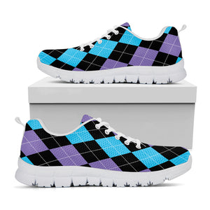 Purple Black And Blue Argyle Print White Running Shoes