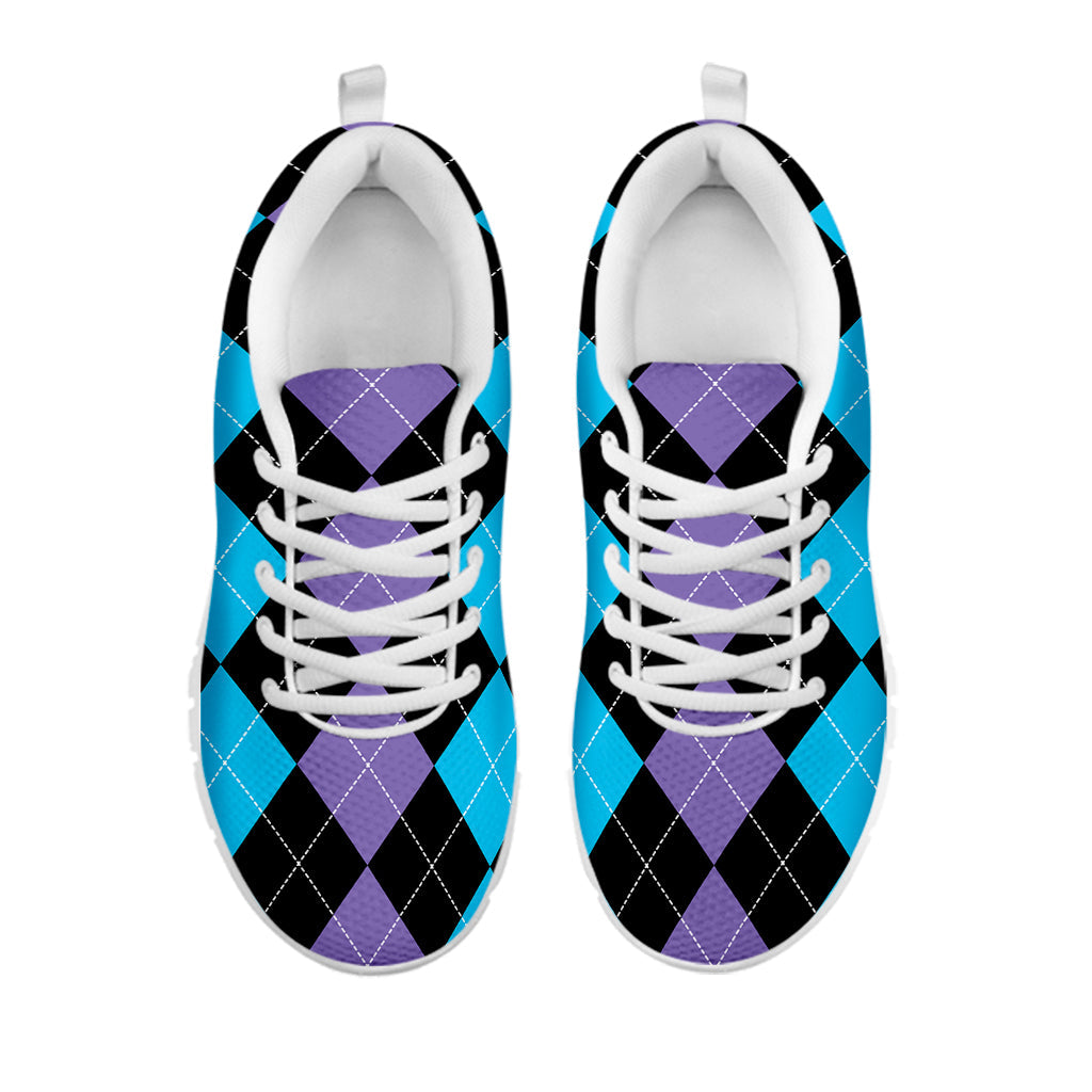 Purple Black And Blue Argyle Print White Running Shoes
