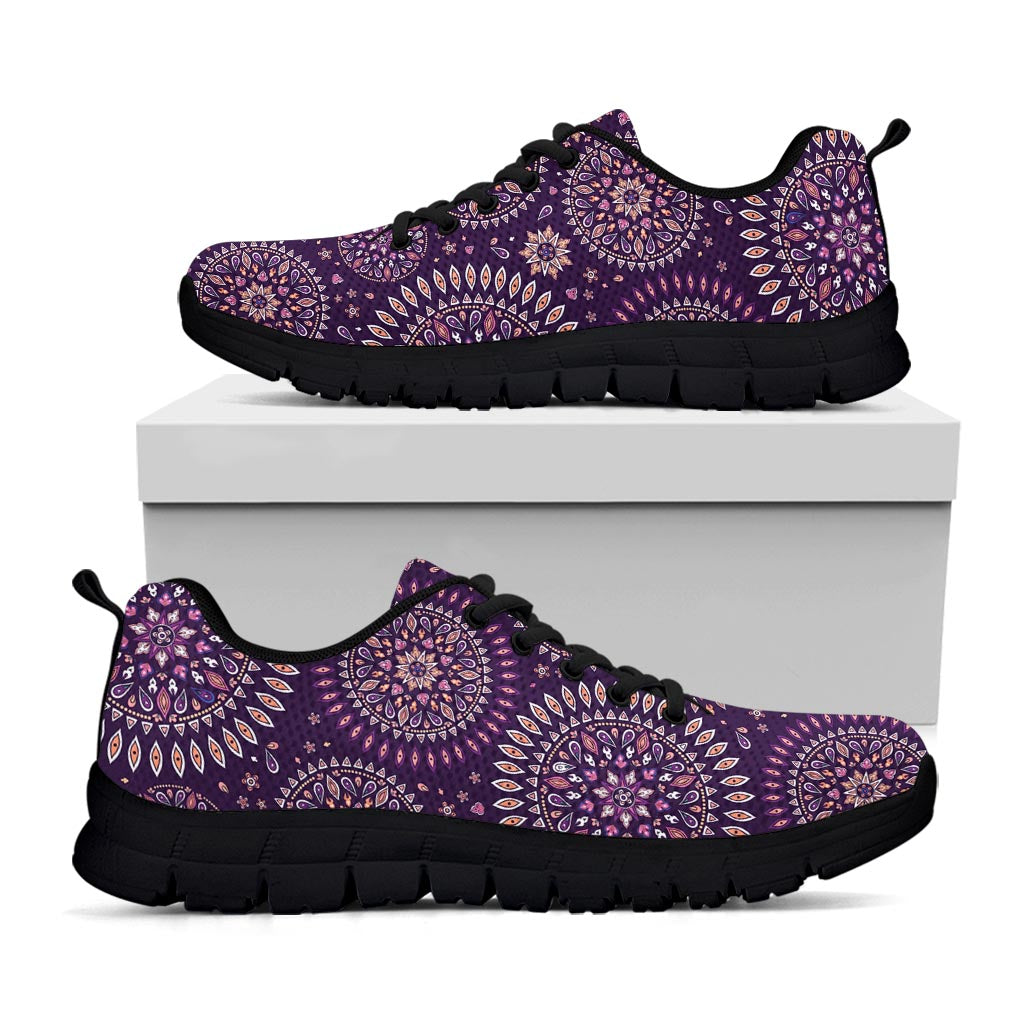 Purple Bohemian Mandala Pattern Print Black Running Shoes