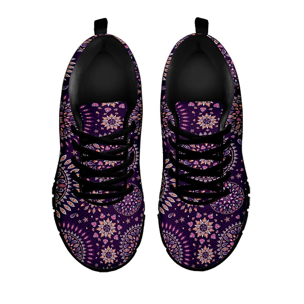 Purple Bohemian Mandala Pattern Print Black Running Shoes