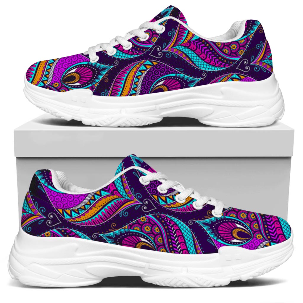 Purple Bohemian Peacock Feather Print White Chunky Shoes