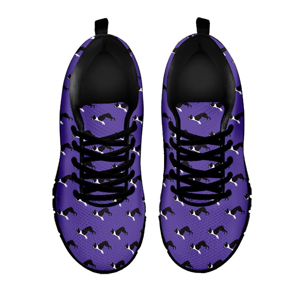 Purple Boston Terrier Pattern Print Black Running Shoes