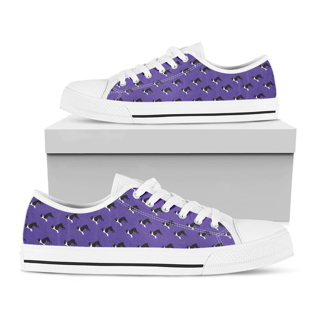 Purple Boston Terrier Pattern Print White Low Top Sneakers