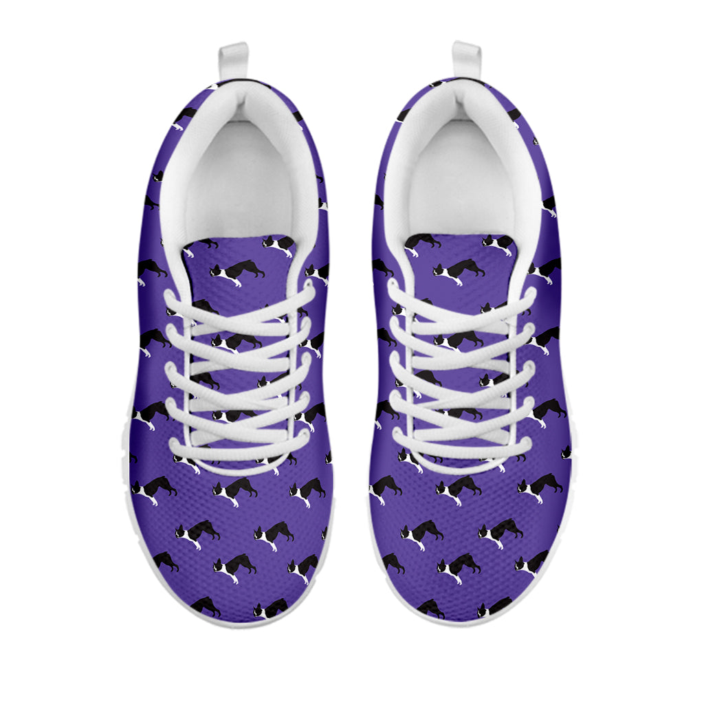 Purple Boston Terrier Pattern Print White Running Shoes