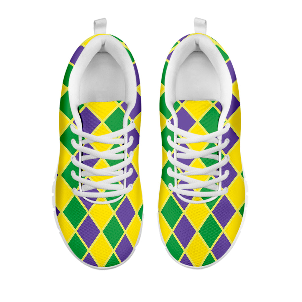 Purple Green And Yellow Mardi Gras Print White Running Shoes
