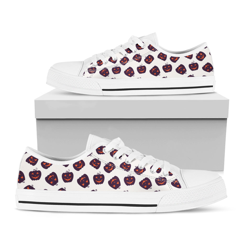 Purple Halloween Pumpkin Pattern Print White Low Top Sneakers