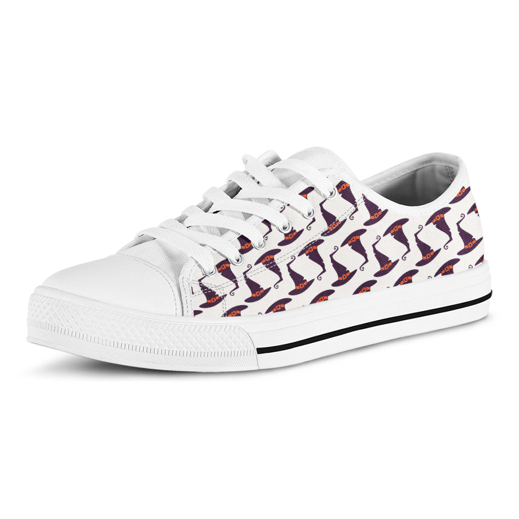 Purple Halloween Witch Hat Pattern Print White Low Top Sneakers
