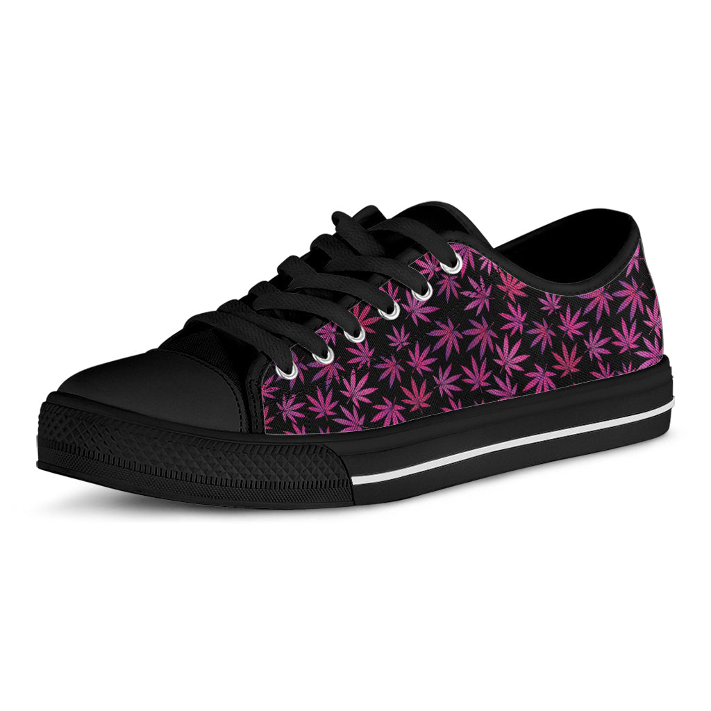 Purple Marijuana Leaf Pattern Print Black Low Top Sneakers
