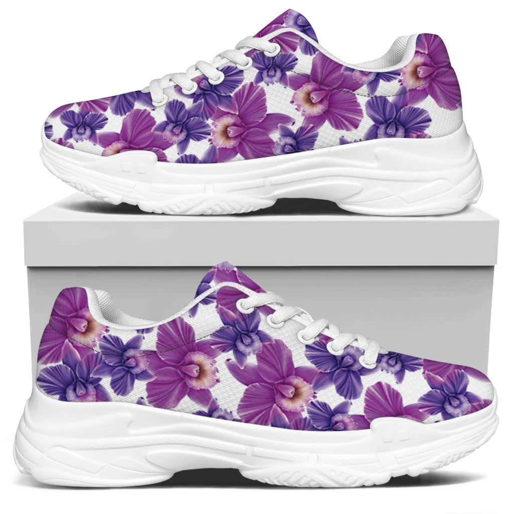 Purple Orchid Flower Pattern Print White Chunky Shoes