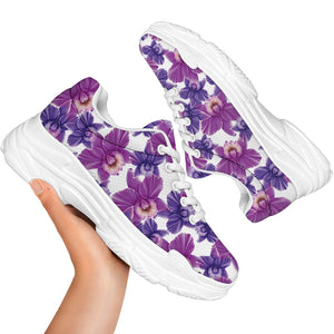 Purple Orchid Flower Pattern Print White Chunky Shoes
