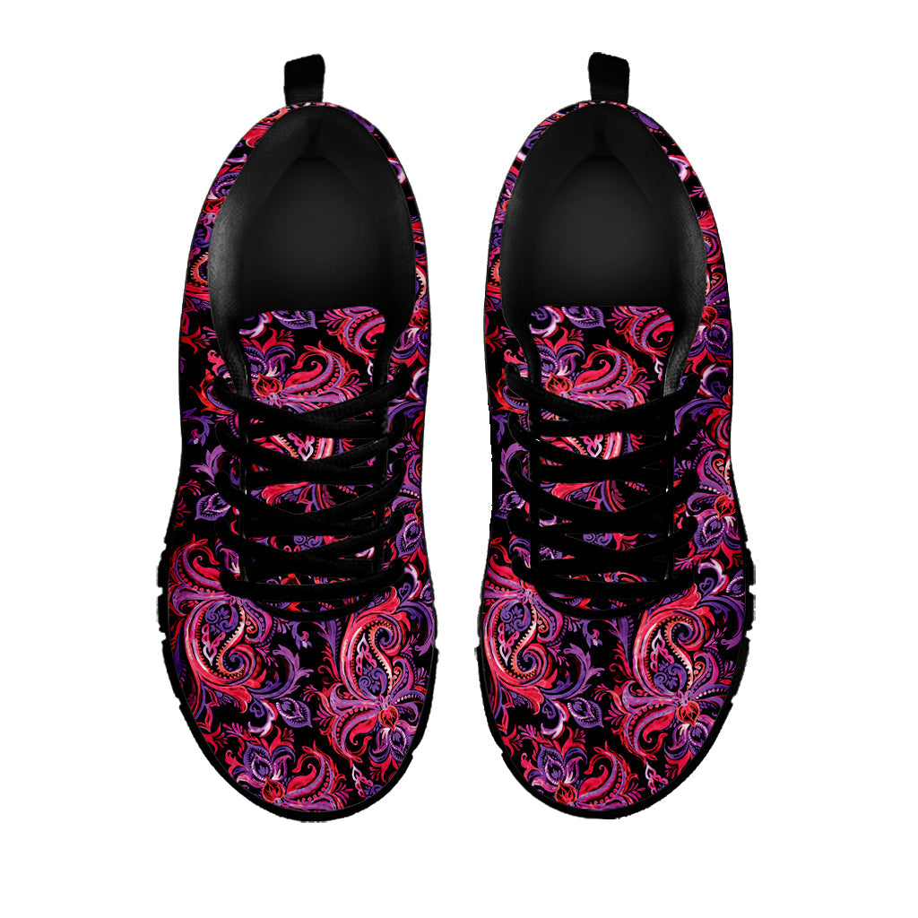 Purple Paisley Pattern Print Black Running Shoes