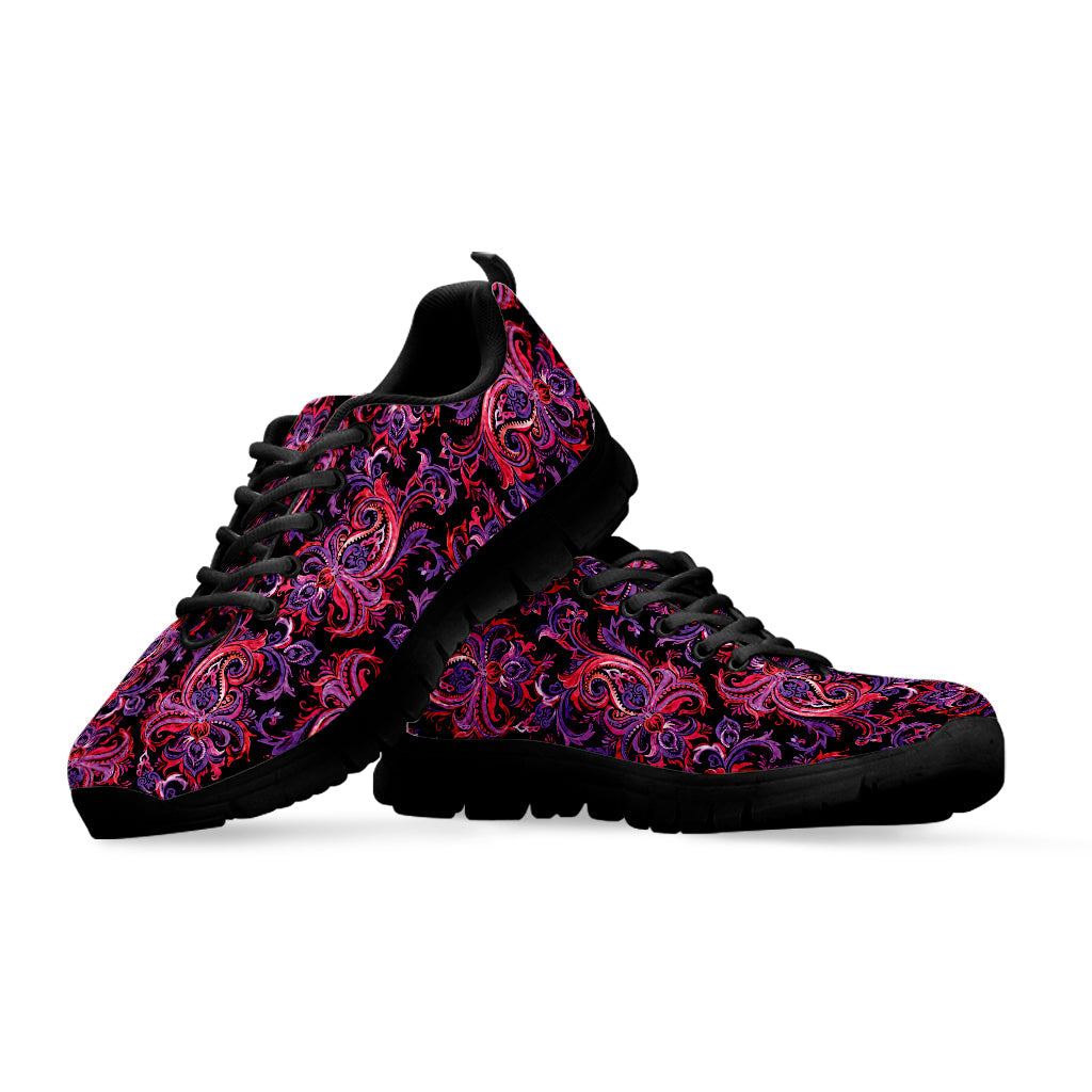 Purple Paisley Pattern Print Black Running Shoes