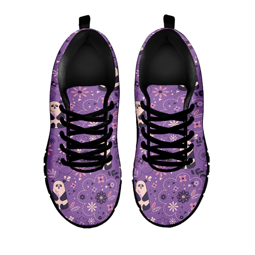 Purple Panda And Flower Pattern Print Black Running Shoes