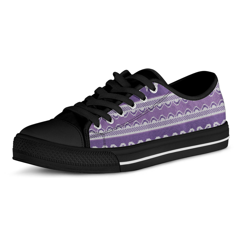 Purple Ribbon Knitted Pattern Print Black Low Top Sneakers