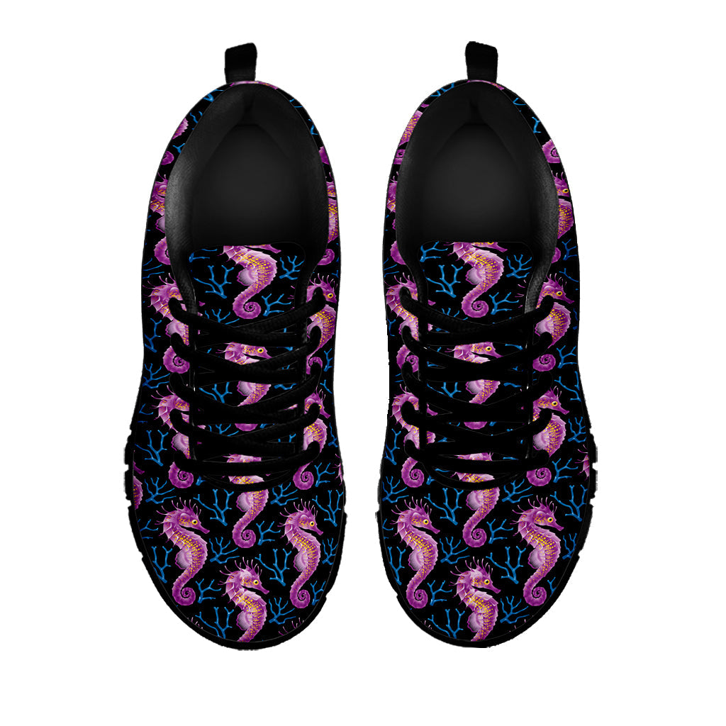 Purple Seahorse Pattern Print Black Running Shoes