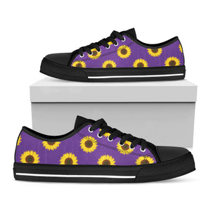 Purple Sunflower Pattern Print Black Low Top Sneakers