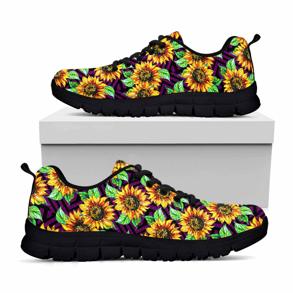 Purple Trippy Sunflower Pattern Print Black Running Shoes