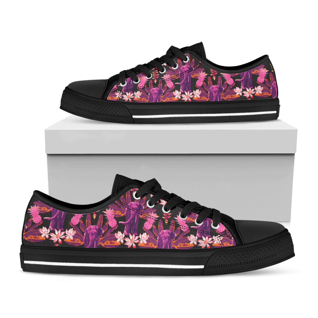 Purple Tropical Elephant Pattern Print Black Low Top Sneakers