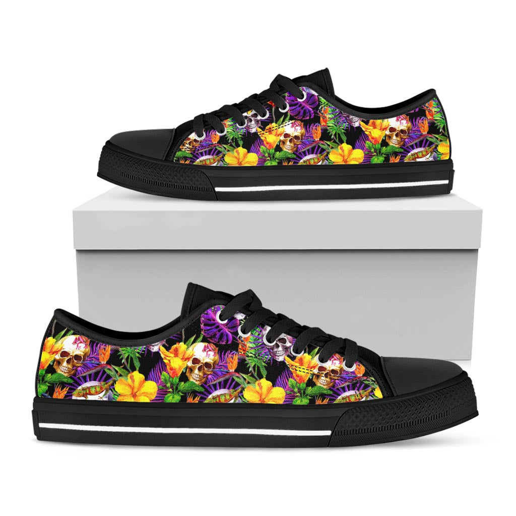 Purple Tropical Skull Pattern Print Black Low Top Sneakers