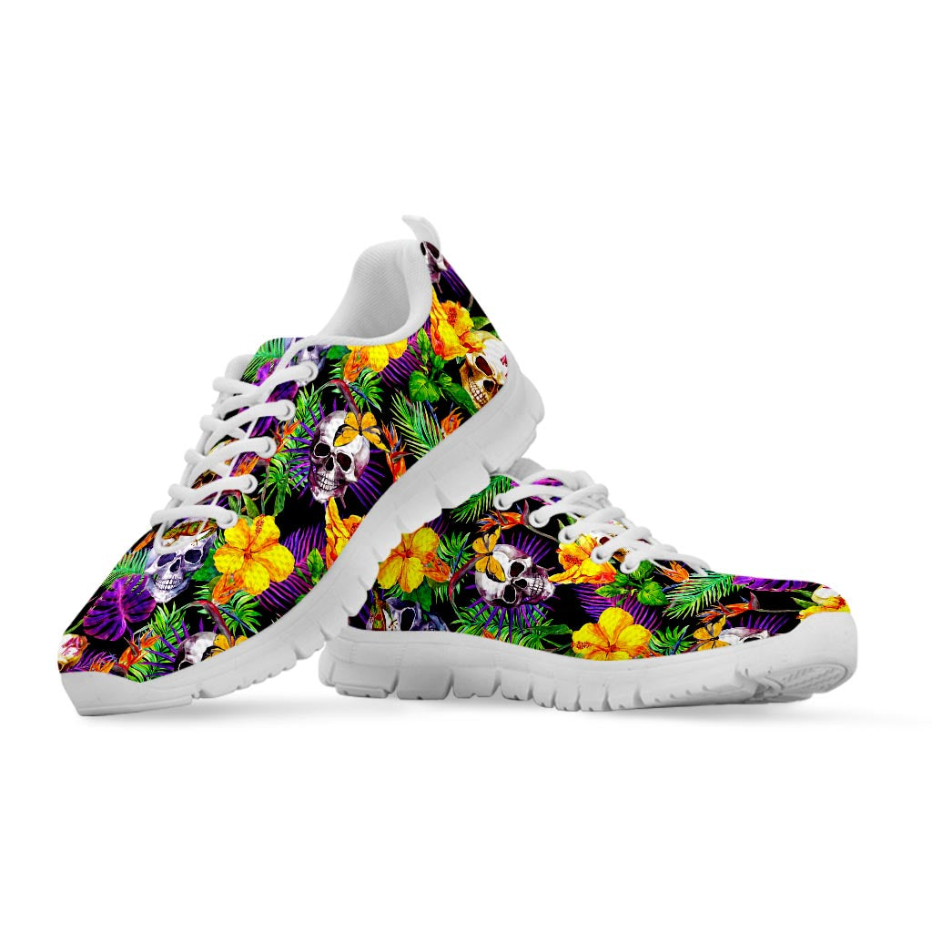 Purple Tropical Skull Pattern Print White Running Shoes