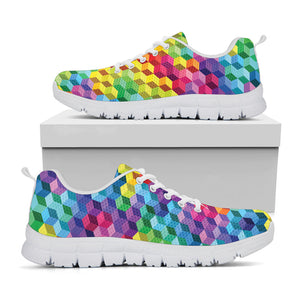 Rainbow Cubes Pattern Print White Running Shoes
