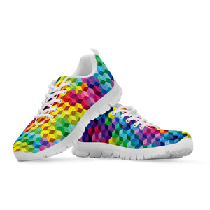 Rainbow Cubes Pattern Print White Running Shoes