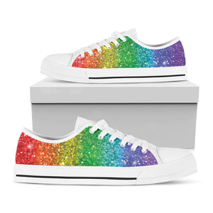 Rainbow (NOT Real) Glitter Print White Low Top Sneakers