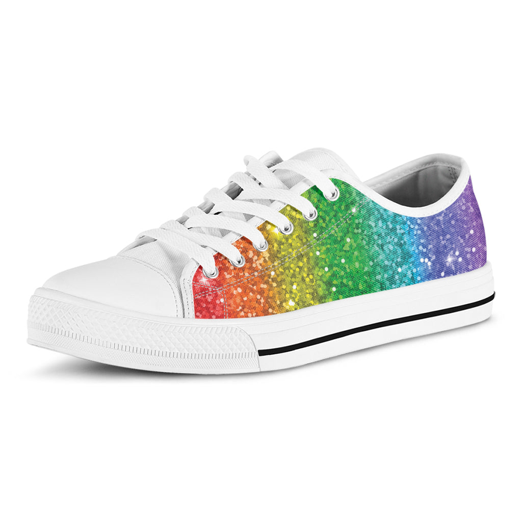 Rainbow (NOT Real) Glitter Print White Low Top Sneakers