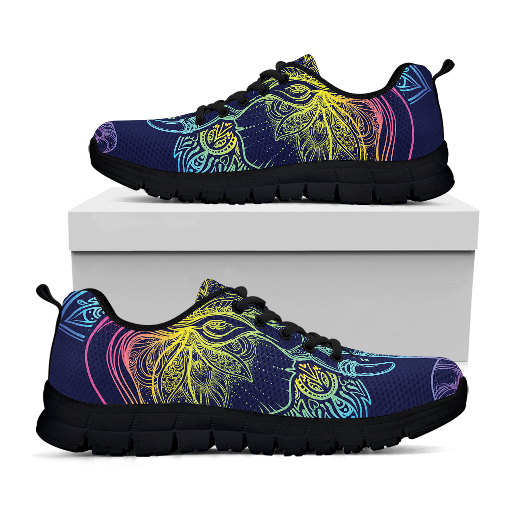 Rainbow Indian Elephant Print Black Running Shoes