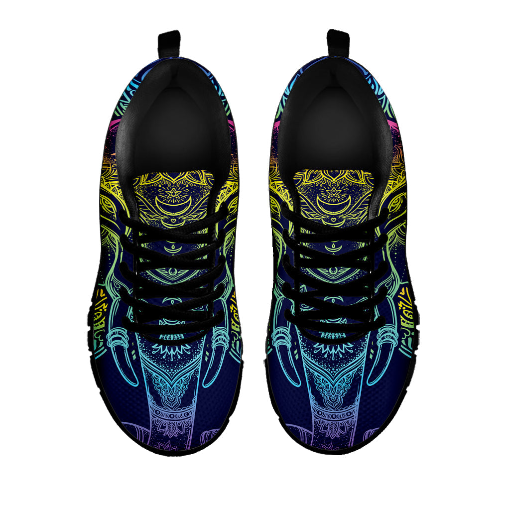 Rainbow Indian Elephant Print Black Running Shoes