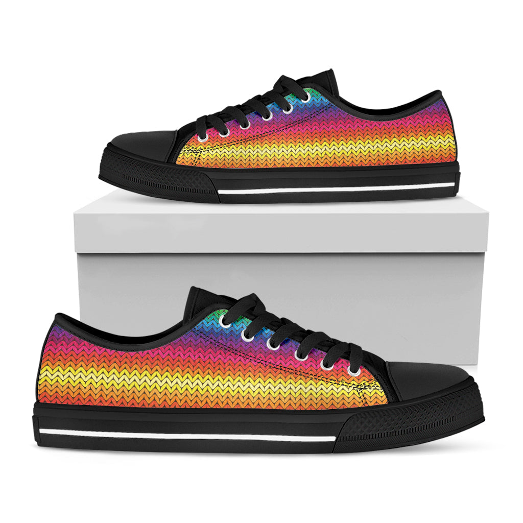 Rainbow Knitted Mexican Pattern Print Black Low Top Sneakers