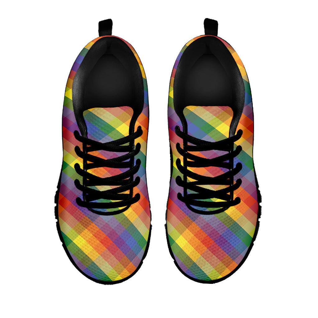 Rainbow LGBT Plaid Pattern Print Black Running Shoes