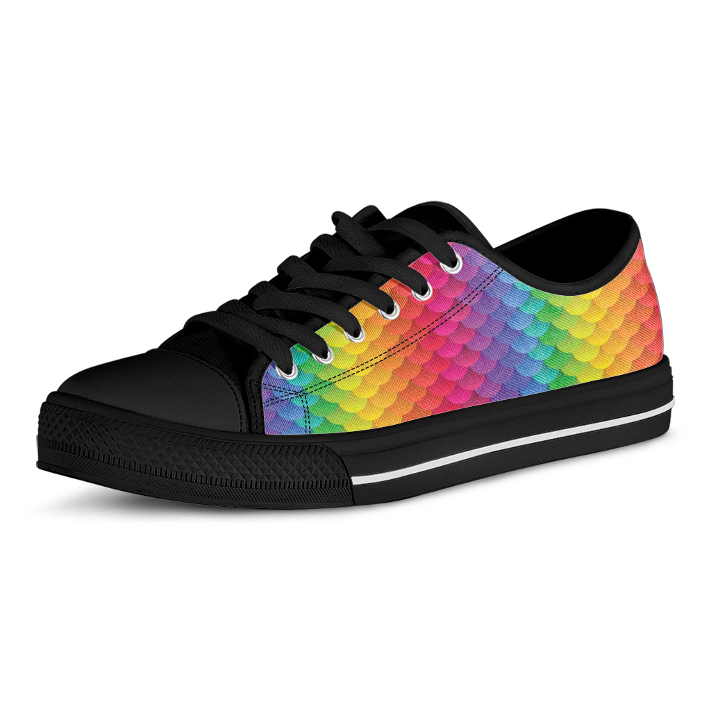 Rainbow Mermaid Scale Pattern Print Black Low Top Sneakers