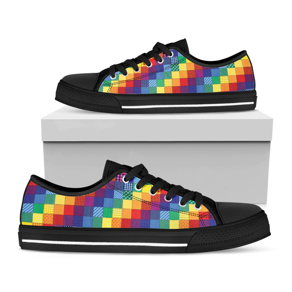 Rainbow Patchwork Pattern Print Black Low Top Sneakers