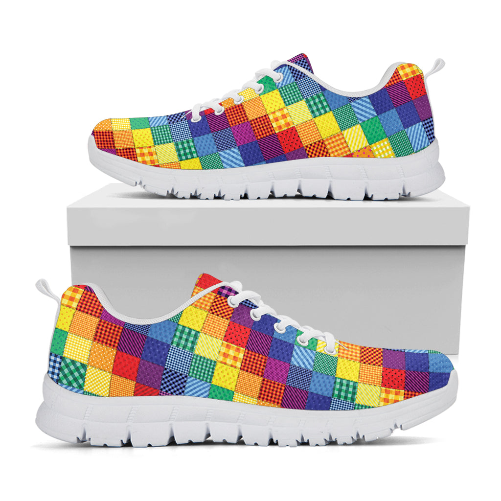 Rainbow Patchwork Pattern Print White Running Shoes
