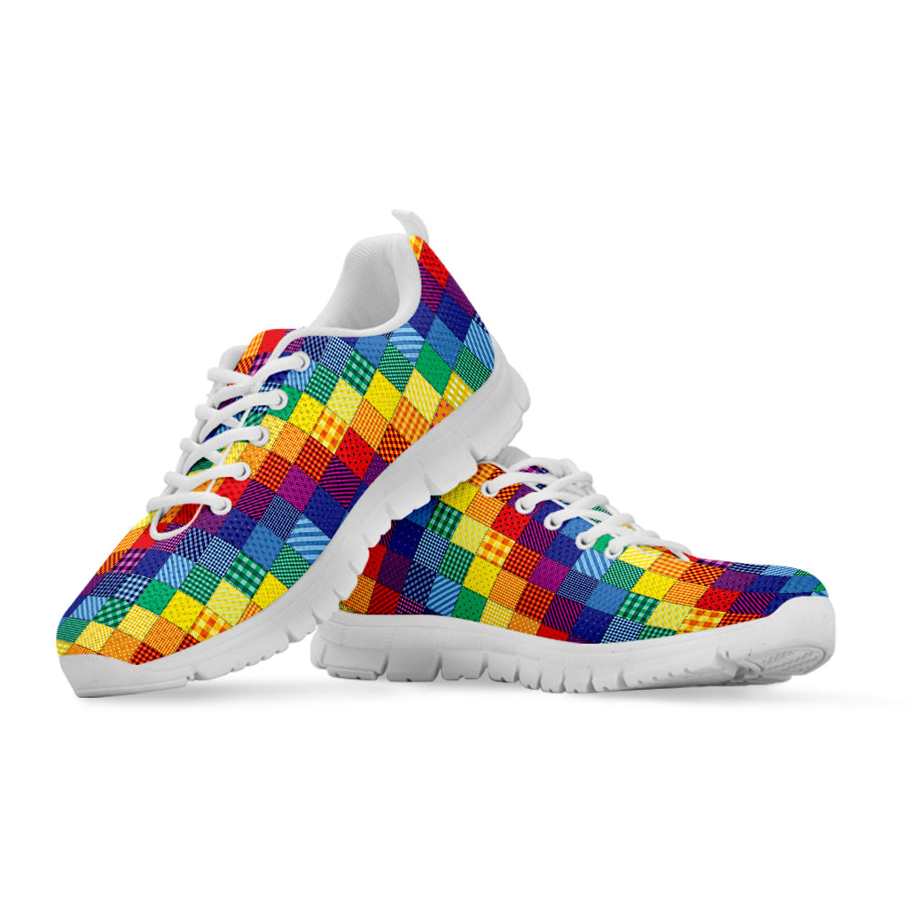 Rainbow Patchwork Pattern Print White Running Shoes