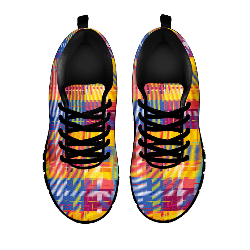 Rainbow Plaid Pattern Print Black Running Shoes