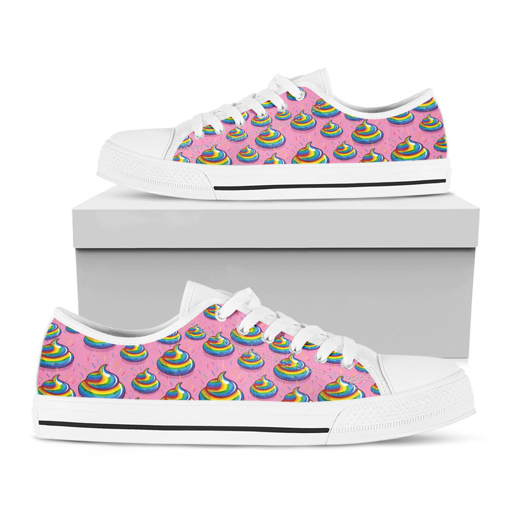 Rainbow Poop Pattern Print White Low Top Sneakers