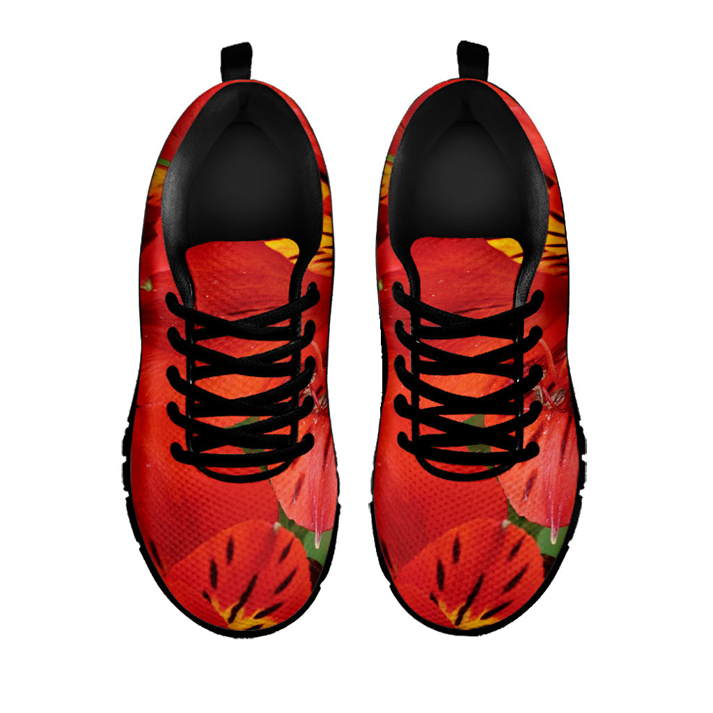 Red Alstroemeria Print Black Running Shoes
