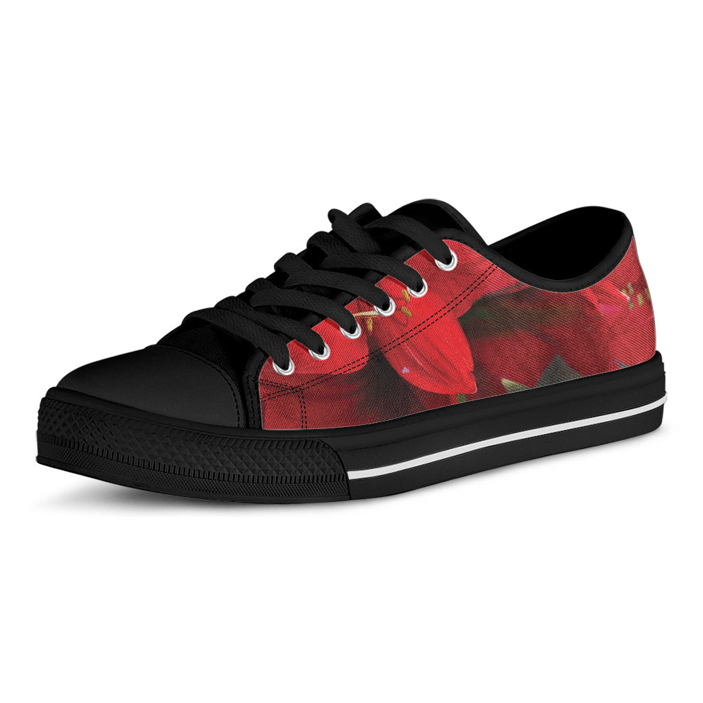 Red Amaryllis Print Black Low Top Sneakers