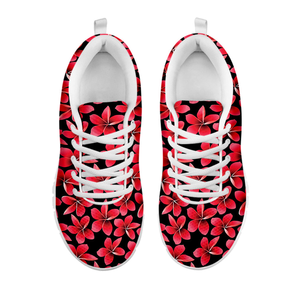 Red And Black Frangipani Pattern Print White Running Shoes
