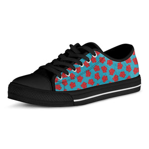 Red And Blue Carnation Pattern Print Black Low Top Sneakers