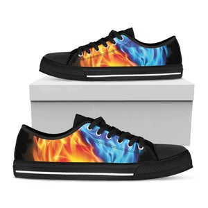 Red And Blue Fire Yin Yang Print Black Low Top Sneakers