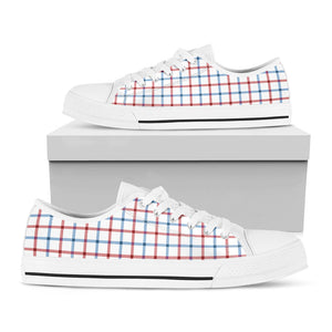 Red And Blue Tattersall Pattern Print White Low Top Sneakers